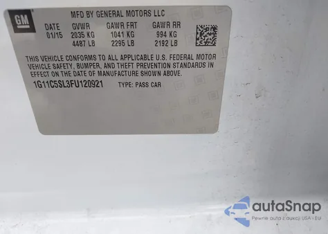 2015 Chevrolet Malibu 1Lt from USA, damaged, VIN 1G11C5SL3FU120921